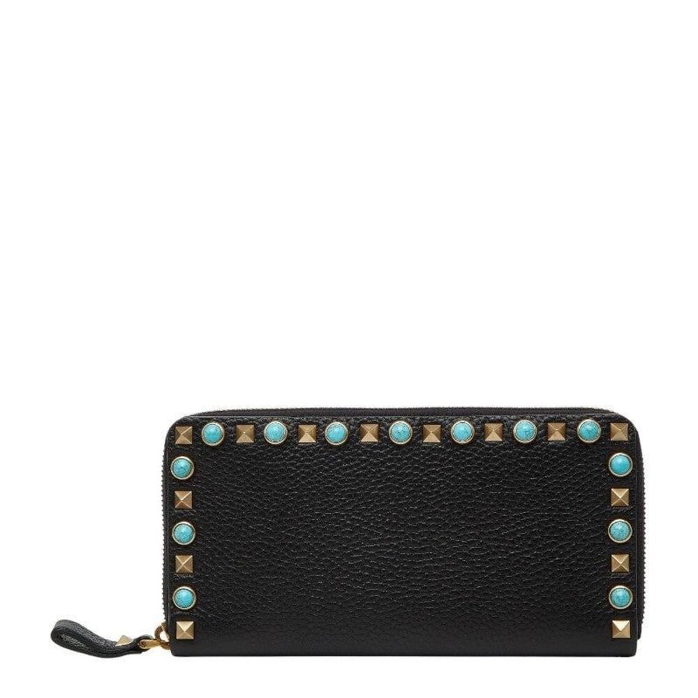 Valentino Rockstud Zip Around Leather Long Wallet Black